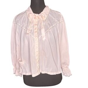 Vintage Wonder Maid Pink Nylon Tricot Peignoir Top Blouse Lace Trim Bow Soft